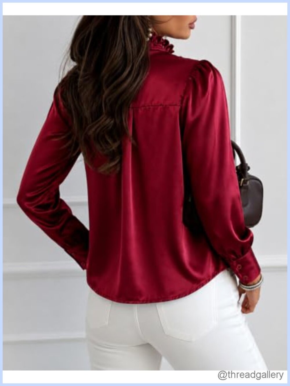 Satin V Neck Ruffled Button Down Blouse - Picture 2 of 6